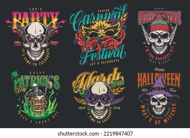 Horror holiday set colorful vintage posters with skulls in masks for Mardi Gras carnival or Patrick day celebration vector illustration