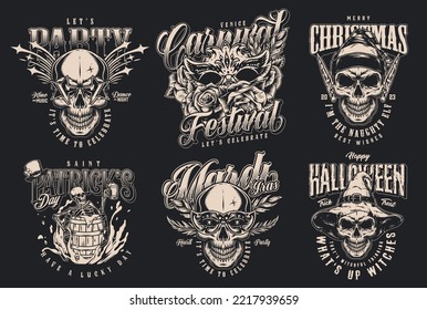 Horror holiday set monochrome vintage posters with witch for Halloween and Christmas elf skull or birthday man vector illustration