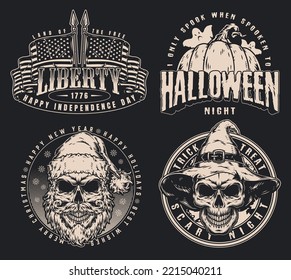 Horror holidays set monochrome posters vintage American flags for independence day and Halloween or Christmas cards with skulls vector illustration