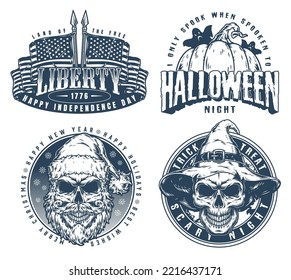Horror holidays set posters vintage monochrome congratulations on USA Independence Day and New Year or invitation Halloween party vector illustration