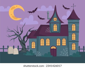 Horror house with bats concept. Castle of fear and horror, ancient real estate. Tree, graves and net at building. Poster or banner, greeting postcard for Halloween. Cartoon flat vector illustration