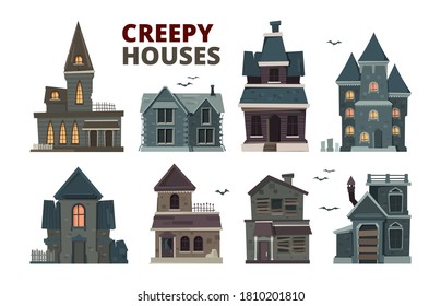 Horror house. Halloween scary gothic village buildings with spooky vector pictures set