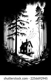 Horror House istanding alone in the dark forest