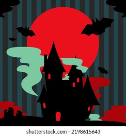 Horror house with red full moon and bats