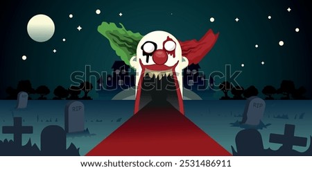 horror house in the shape of a scary clown's mouth. The house is surrounded by tombstones against the backdrop of a night forest. Halloween theme. vector illustration in cartoon style.