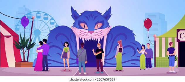 Horror house. Vector illustration of a horror house entrance shaped as a scary cat's mouth. The scene includes a cityscape, a carnival fair and walking characters. Halloween theme. Flat style.