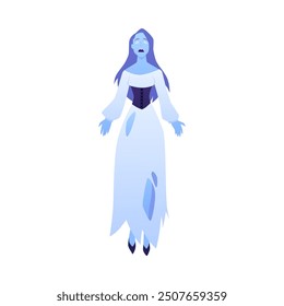 Casa del horror. Ilustración vectorial de una mujer fantasma con un viejo vestido desgarrado. Gritando fantasma está flotando en el aire, perfecto para el tema de Halloween. Estilo plano. Fondo aislado.