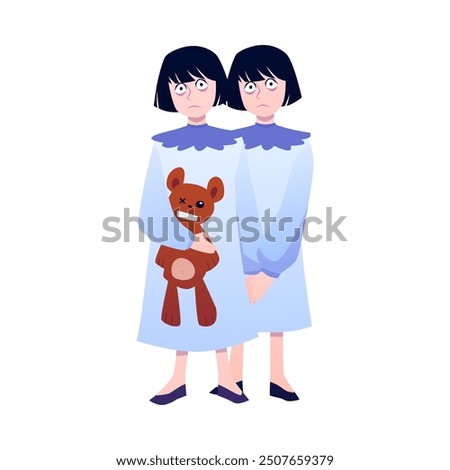 Horror House. Vector illustration of twin girls ghosts standing together and holding hands with a teddy bear. Captures the spirit of Halloween. Flat style. Isolated background.