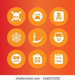 horror icon. 9 horror set with human skull with crossed bones silhouette, scared, spider web and zombie vector icons for web and mobile app