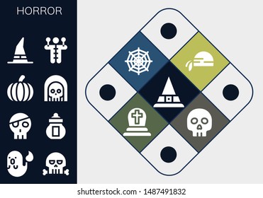 horror icon set. 13 filled horror icons.  Simple modern icons about  - Witch, Ghost, Skull, Ossuary, Pumpkin, Death, Voodoo doll, Pirate scarf, Spider web, Cemetery, Yorick