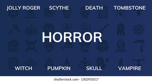  horror icon set. 32 filled horror icons. on blue background style Simple modern icons about  - Jolly roger, Scythe, Death, Tombstone, Witch, Pumpkin, Skull, Vampire, Spider web