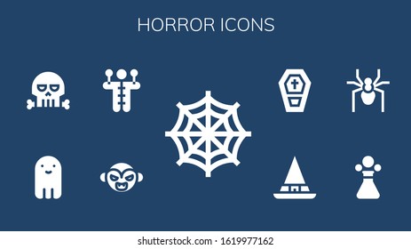 horror icon set. 9 filled horror icons.  Simple modern icons such as: Spider web, Vampire, Voodoo doll, Ghost, Skull, Poison, Spider, Witch, Coffin