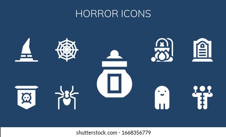 horror icon set. 9 filled horror icons. Included Ossuary, Spider, Spider web, Jolly roger, Witch, Voodoo doll, Tombstone, Ghost, Cauldron icons