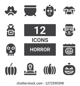 horror icon set. Collection of 12 filled horror icons included Pumpkin, Cemetery, Halloween, Skull, Frankenstein, Cauldron, Vampire, Poison, Pirate hat, Serial killer
