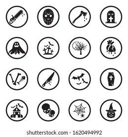 Horror Icons. Black Flat Design In Circle. Vector Illustration.