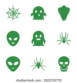 Horror icons. set of 9 editable filled horror icons such as animal fang, spider, ghost, alien head, skull
