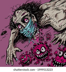Horror illustration about coronavirus attacking human