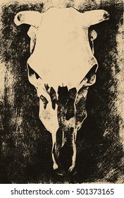 Horror illustration, cow skull, grunge background, scary picture, retro pattern on old paper, vector design art