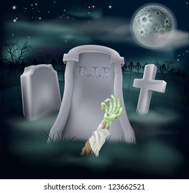 Horror illustration of an undead zombie hand and arm reaching out of a spooky grave