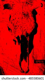 Horror illustration, vector cow skull, grunge background, scary picture, black and red image
