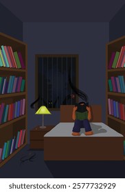 Horror illustration vector design. Ghost in bed room window. Ghost outside the window while man reading book.