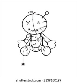 Horror kawaii coloring book page for kids   adults  Voodoo doll teddy bear vector   Halloween cursed doll coloring page