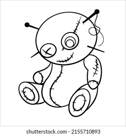 Horror Kawaii coloring book page for kids   adults  Voodoo doll teddy bear vector  Halloween cursed doll coloring page