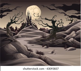 Horror landscape. Cartoon and vector illustration.