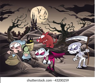 Horror landscape with characters. Cartoon and vector illustration.