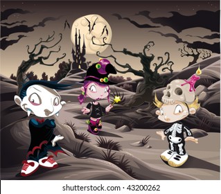 Horror landscape with characters. Cartoon and vector illustration.