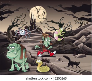 Horror landscape with characters. Cartoon and vector illustration.