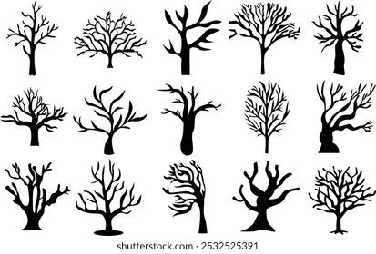 Horror leafless tree and root silhouette icon set.