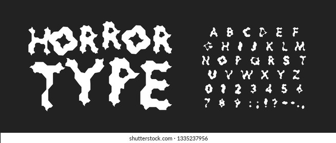 Horror letters and numbers set. Scary cartoon style vector latin alphabet. Fonts for games, kids zone, logos, banner, monogram and poster. Typography design.