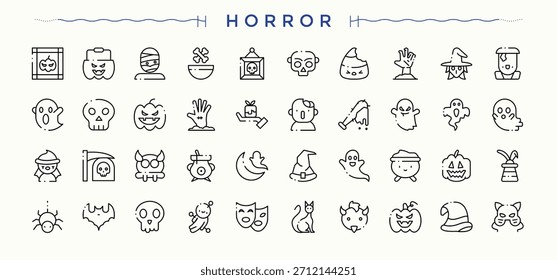 Horror line icon set. Containing cemetery, ghost, pumpkin, spider, witch, magic, halloween and more. Witch icon pack. Outline icons pack. Editable stroke. Vector collection.