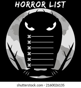 Horror list with silhouette of monster, skull and bones. Vector mystical spooky scary illustration on black background. 