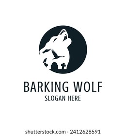 Horror logo vector featuring a barking wolf, a crow and a grave. Simple and modern. Suitable for any business, especially related to logos.