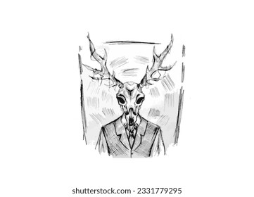 Horror mister deer-skull character, Wendigo mask  about witchcraft and demon silhouette pencil art sketch vector illustration 