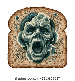 Horror mold face emerging from moldy bread slice