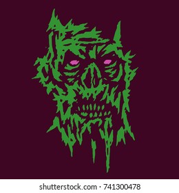 Horror monster green face of the darkness. Vector illustration. Genre of horror. Scary apocalyptic character for halloween. Red background.