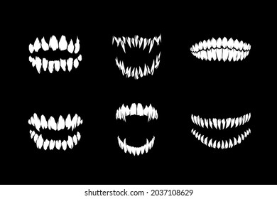 Horror Monster And Vampire Or Zombie Fangs Teeth Silhouette Vector Illustration Collection Isolated On Black Background