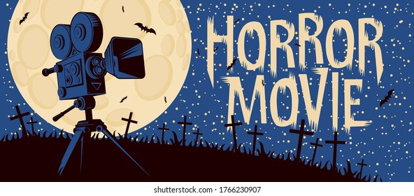 Horrorfilm-Banner. Vektorplakat für ein Fest des gruseligen Kinos mit einem alten Filmprojektor auf einem Friedhof bei Mondlicht. Geeignet für Plakate, Flyer, Plakatwand, Web-Design, Ticket, Werbung