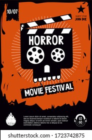 Horror Movie Festival. Cinema Vintage Poster With Skull. Vector Cartoon Illustration. Banner Design Template.