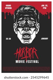 The horror movie festival runs from January 25 to January 30. The grand opening starts at 7 PM featuring chilling artwork displaying a screaming face.