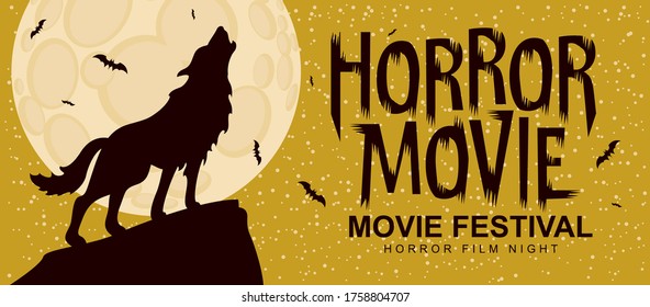 Festival de películas de terror. Afiche vectorial con un hombre lobo en la luna llena. Cine aterrador. Noche de cine de terror. Adecuado para afiches, banner, volante, boleto, invitación, diseño web, cartón