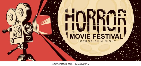 Horrorfilmfestival. Vektorplakat mit einem alten Filmprojektor und Vollmond. Gruseliges Kino. Horrorfilm-Nacht. Geeignet für Poster, Banner, Flyer, Ticket, Einladung, Webdesign, Plakatwand