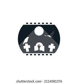 Horror Movie Logo Template Vector, contains film tape, moon, crow, grave and hand coming out of grave, Suitable for media and entertainment industry.