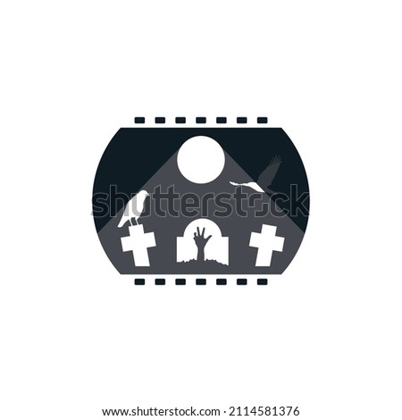 Horror Movie Logo Template Vector, contains film tape, moon, crow, grave and hand coming out of grave, Suitable for media and entertainment industry.