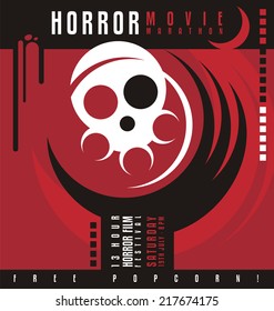 Horror Movie Marathon Or Horror Film Festival Flat Poster Design. Creative And Unique Promotional Flyer With Claw From The Grave Holding A Skull With Film Roll.