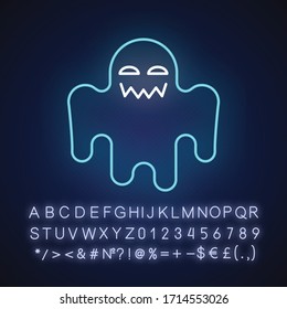 Horror movie neon light icon. Outer glowing effect. Sign with alphabet, numbers and symbols. Scary film genre, creepy ghost story. Spooky spectre vector isolated RGB color illustration