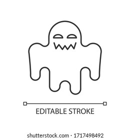 Horror movie pixel perfect linear icon. Thin line customizable illustration. Scary film genre, creepy ghost story contour symbol. Spooky spectre vector isolated outline drawing. Editable stroke